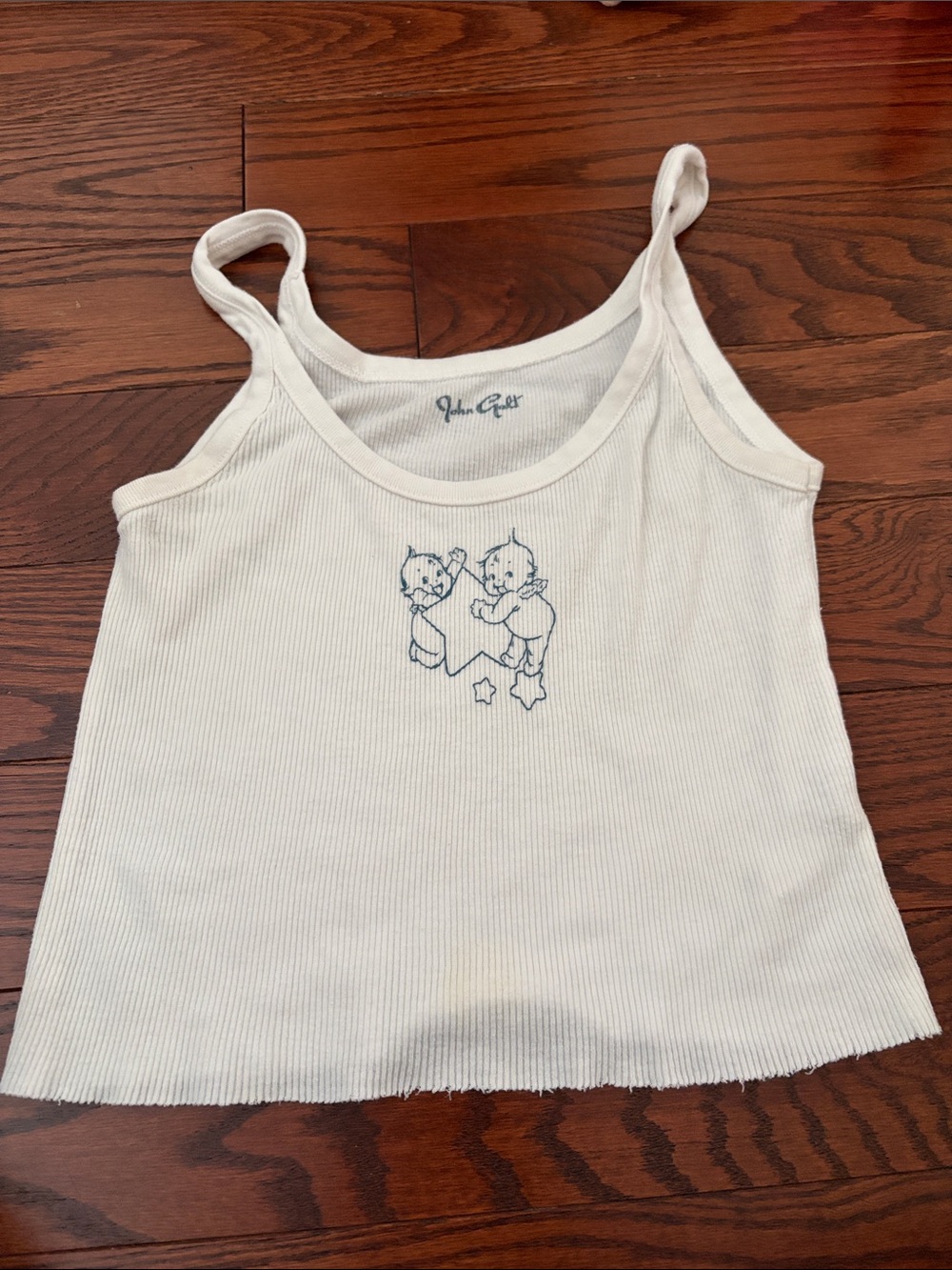Brandy Melville Cream Ribbed Tank Top with Blue Graphic